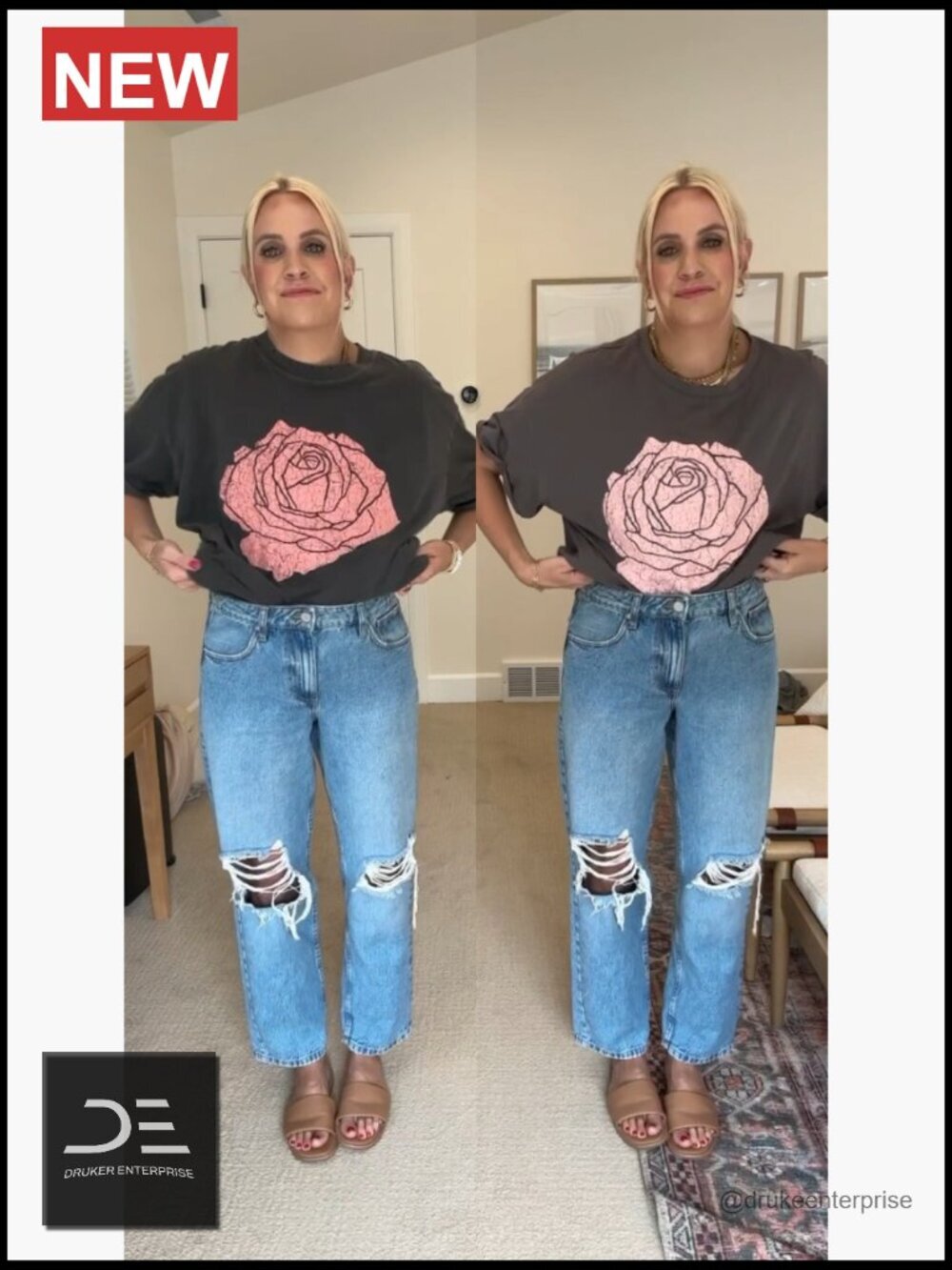 Women's Rose Graphic Tee Shirt Loose Fit Boyfriend Crew Neck Short Sleeve - Picture 6 of 7